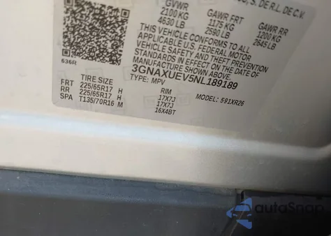 2022 Chevrolet Equinox Awd Lt из США, поврежденный, VIN 3GNAXUEV5NL189189